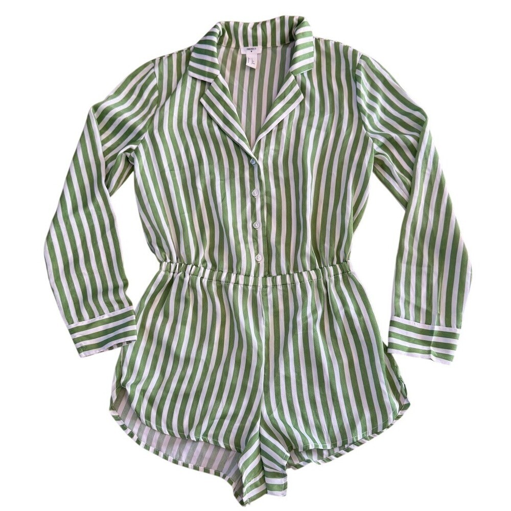 Forever 21 Silky Striped Pajama Romper Size Small Green & White - Picture 2 of 6